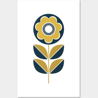 Retro Geometric Flower 5 in Navy Blue and Mustard Yellow Posters and Art